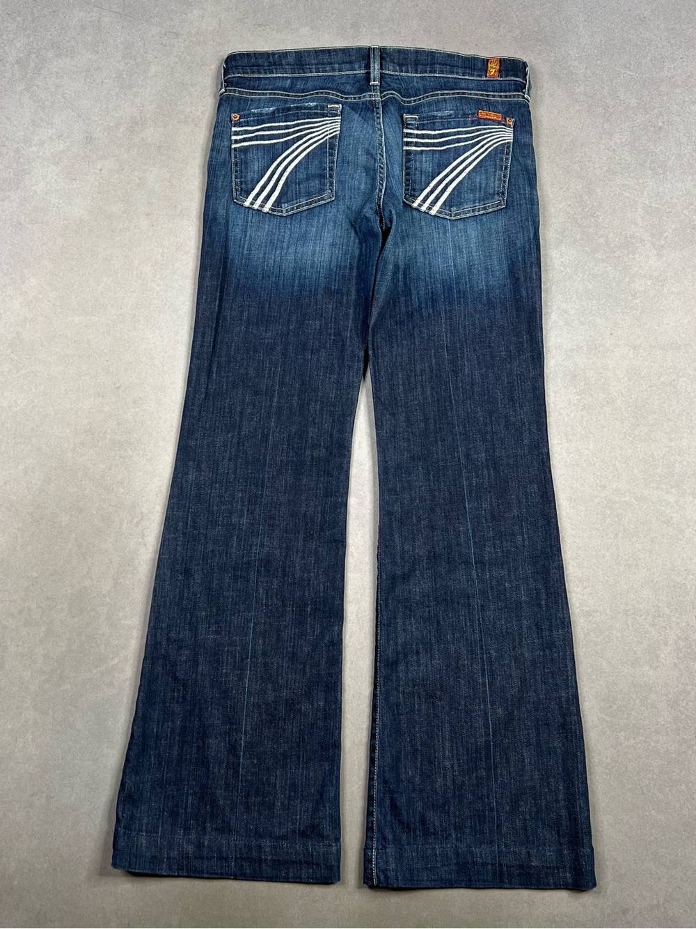 7 For All Mankind Dark Blue Flare Jeans with White Pocket Stripes